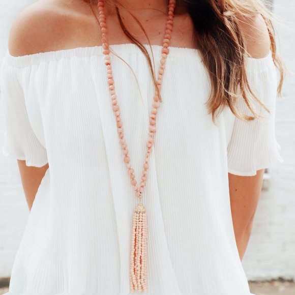 Shell Pink Beaded Tassel Necklace - Picture 2 of 4